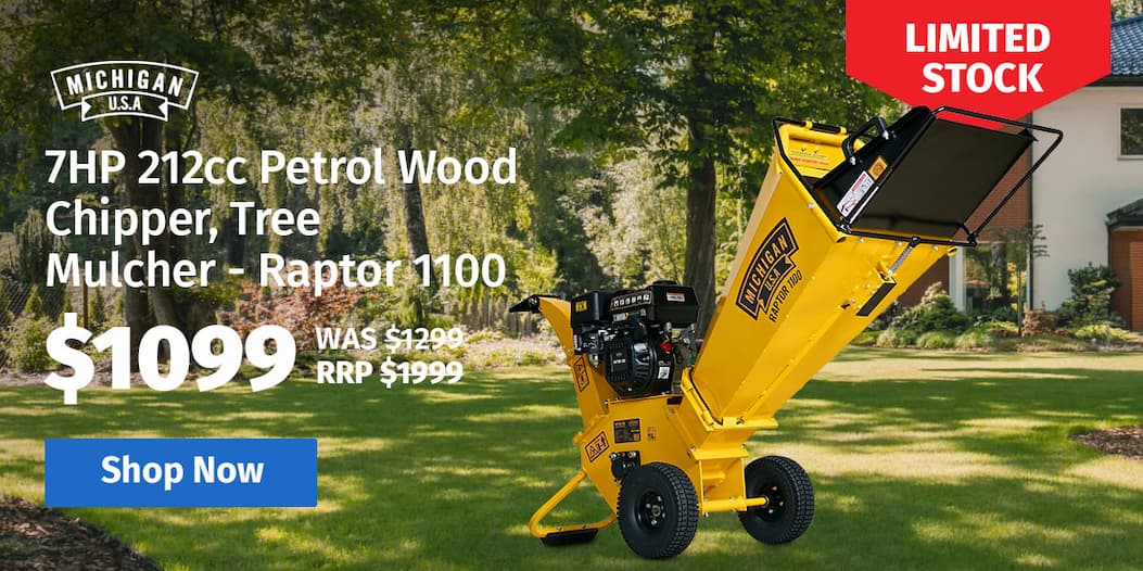 MICHIGAN 7HP 212cc Petrol Wood Chipper, Tree Mulcher - Raptor 1100