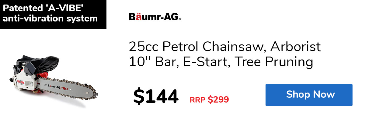 25cc Petrol Chainsaw, Arborist 10" Bar, E-Start, Tree Pruning