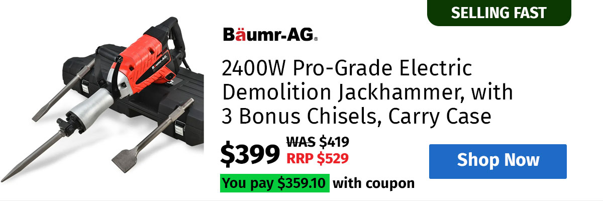 BAUMR-AG 2400W Pro-Grade Electric Demolition Jackhammer, with 3 Bonus Chisels, Carry Case