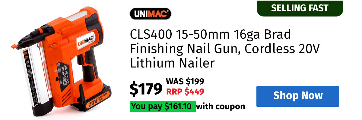 UNIMAC CLS400 15-50mm 16ga Brad Finishing Nail Gun, Cordless 20V Lithium Nailer