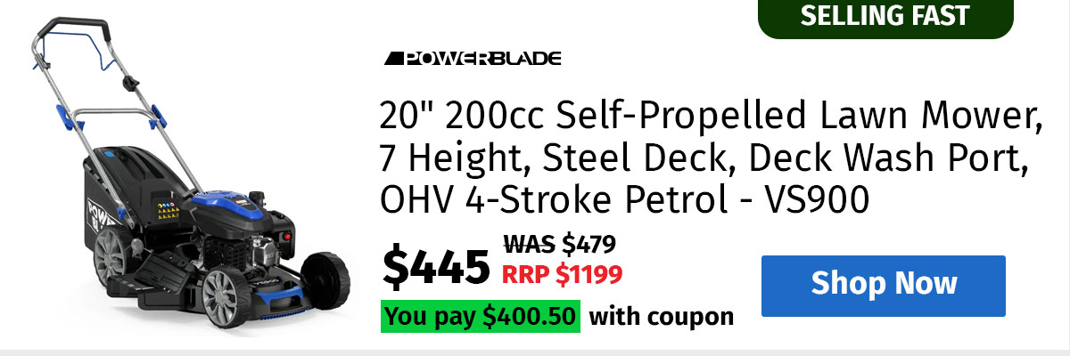 POWERBLADE 20" 200cc Self-Propelled Lawn Mower, 7 Height, Steel Deck, Deck Wash Port, OHV 4-Stroke Petrol - VS900