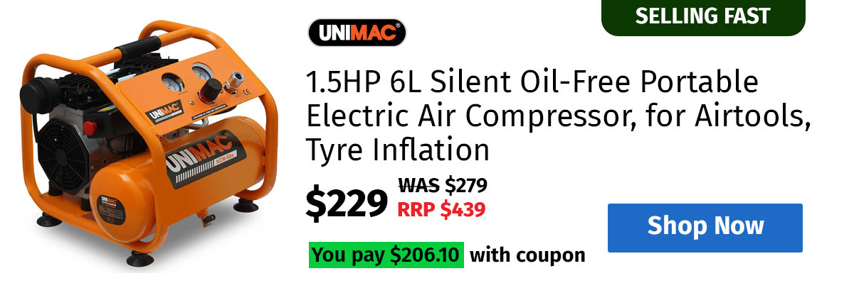 UNIMAC 1.5HP 6L Silent Oil-Free Portable Electric Air Compressor, for Airtools, Tyre Inflation