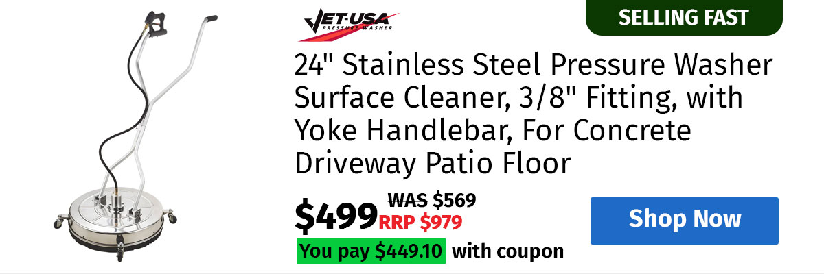 JET-USA 24" Stainless Steel Pressure Washer Surface Cleaner, 3/8" Fitting, with Yoke Handlebar, For Concrete Driveway Patio Floor 