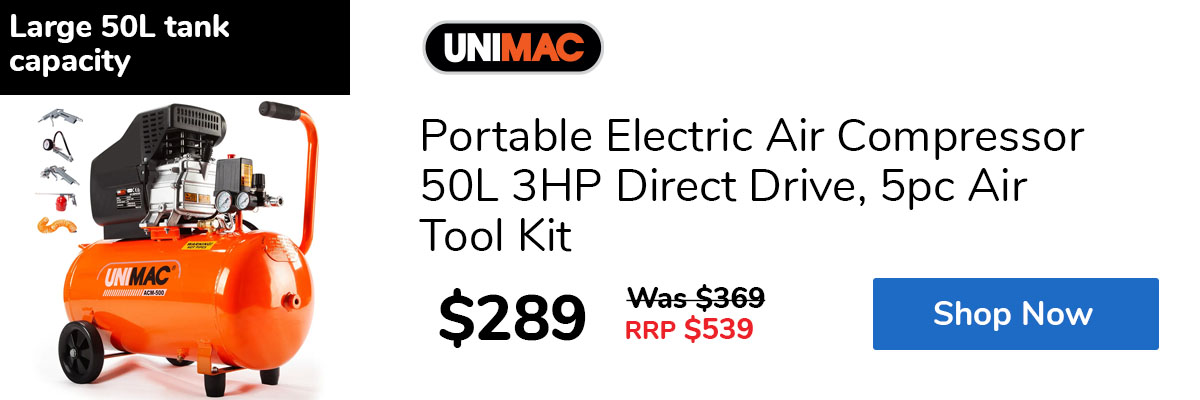 Portable Electric Air Compressor 50L 3HP Direct Drive, 5pc Air Tool Kit