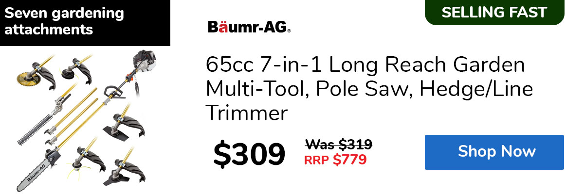 65cc 7-in-1 Long Reach Garden Multi-Tool, Pole Saw, Hedge/Line Trimmer
