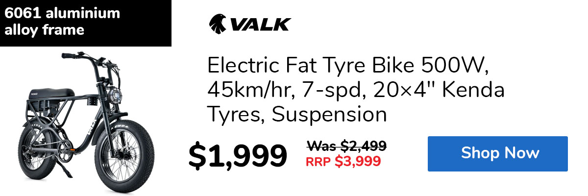 Electric Fat Tyre Bike 500W, 45km/hr, 7-spd, 20×4" Kenda Tyres, Suspension