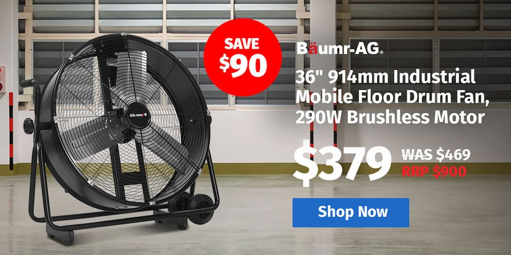 BAUMR-AG 36" 914mm Industrial Mobile Floor Drum Fan, 290W Brushless Motor, Tilting, Large, Commercial, Heavy-duty Frame, EESS Certified