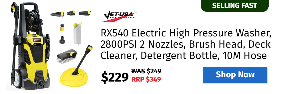 JET-USA RX540 Electric High Pressure Washer, 2800PSI 2 Nozzles, Brush Head, Deck Cleaner, Detergent Bottle, 10M Hose