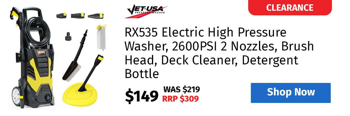 JET-USA RX535 Electric High Pressure Washer, 2600PSI 2 Nozzles, Brush Head, Deck Cleaner, Detergent Bottle