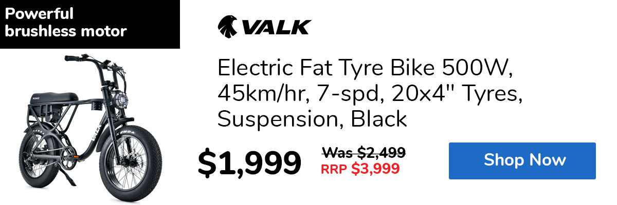Electric Fat Tyre Bike 500W, 45km/hr, 7-spd, 20x4" Tyres, Suspension, Black
