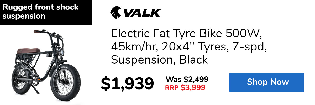 Electric Fat Tyre Bike 500W, 45km/hr, 20x4" Tyres, 7-spd, Suspension, Black