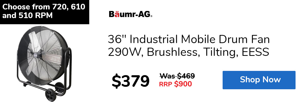 36" Industrial Mobile Drum Fan 290W, Brushless, Tilting, EESS