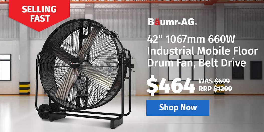 BAUMR-AG 42" 1067mm 660W Industrial Mobile Floor Drum Fan, Belt Drive, Tilting, Large, Commercial,  Heavy-duty Frame, EESS Certified