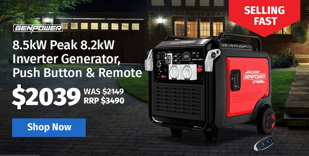 GENPOWER 8.5kW Peak 8.2kW Inverter Generator, Push Button & Remote Start, ATS Compatible, RCD, Portable w/ Wheels, 27L Fuel Tank, Grid Power Home Backup