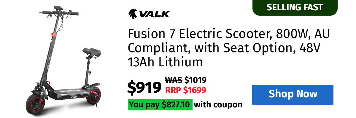 VALK Fusion 7 Electric Scooter, 800W, AU Compliant, with Seat Option, 48V 13Ah Lithium, 50km Range, Quad Shocks, 10 inch Tyres