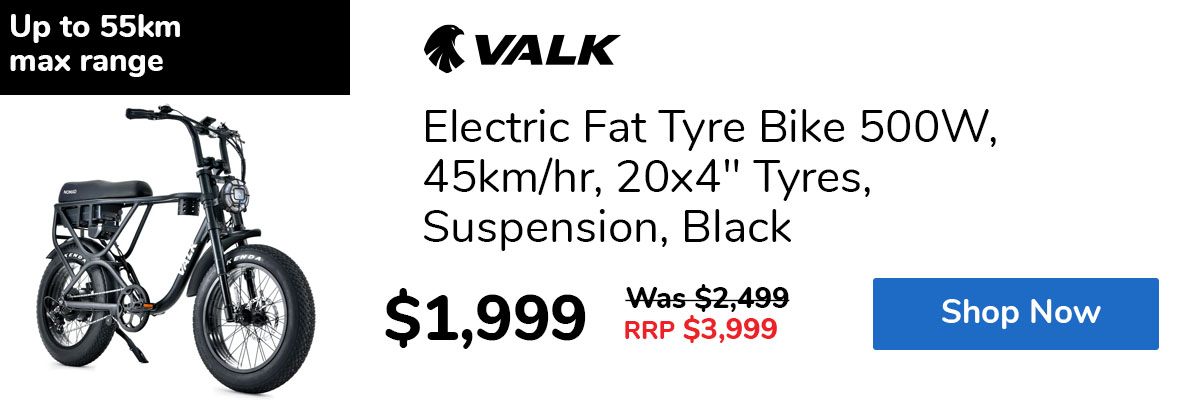 Electric Fat Tyre Bike 500W, 45km/hr, 20x4" Tyres, Suspension, Black