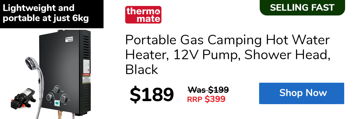 Portable Gas Camping Hot Water Heater, 12V Pump, Shower Head, Black