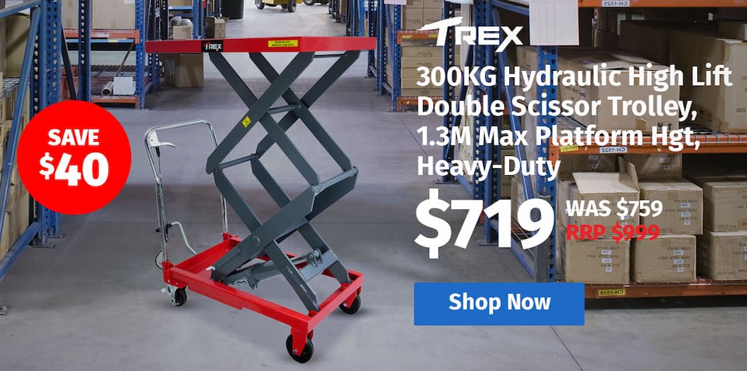 T-REX 300KG Hydraulic High Lift Double Scissor Trolley, 1.3M Max Platform Hgt, Heavy-Duty, for Material Handling