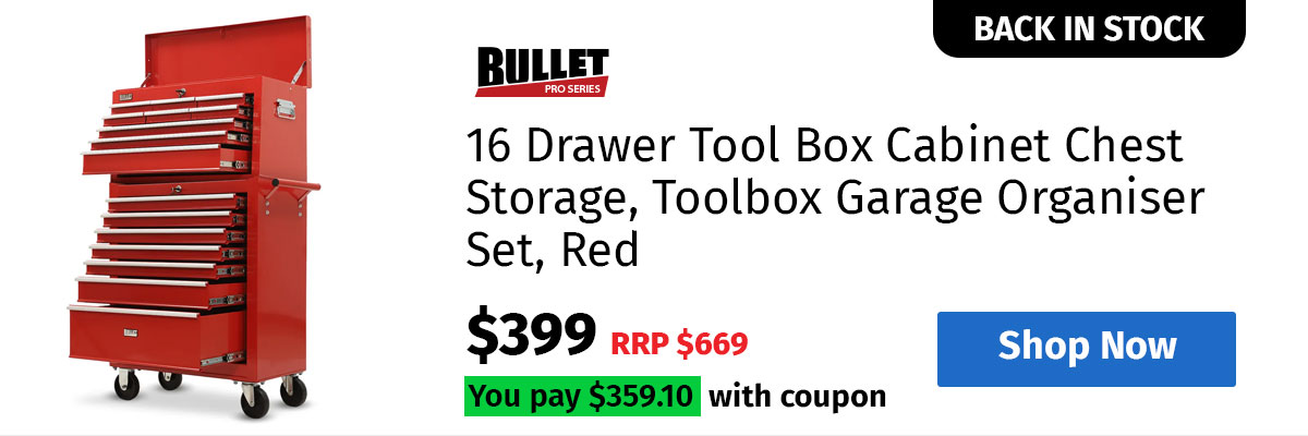 BULLET PRO 16 Drawer Tool Box Cabinet Chest Storage, Toolbox Garage Organiser Set, Red