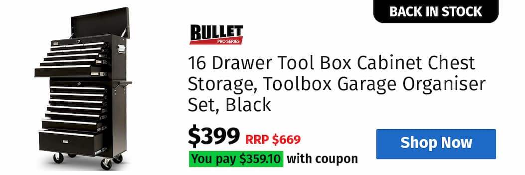 BULLET PRO 16 Drawer Tool Box Cabinet Chest Storage, Toolbox Garage Organiser Set, Black