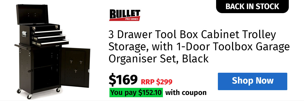 BULLET PRO 3 Drawer Tool Box Cabinet Trolley Storage, with 1-Door Toolbox Garage Organiser Set, Black