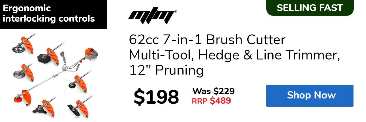62cc 7-in-1 Brush Cutter Multi-Tool, Hedge & Line Trimmer, 12" Pruning