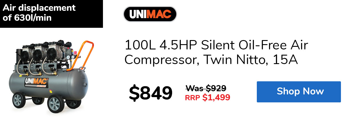 100L 4.5HP Silent Oil-Free Air Compressor, Twin Nitto, 15A