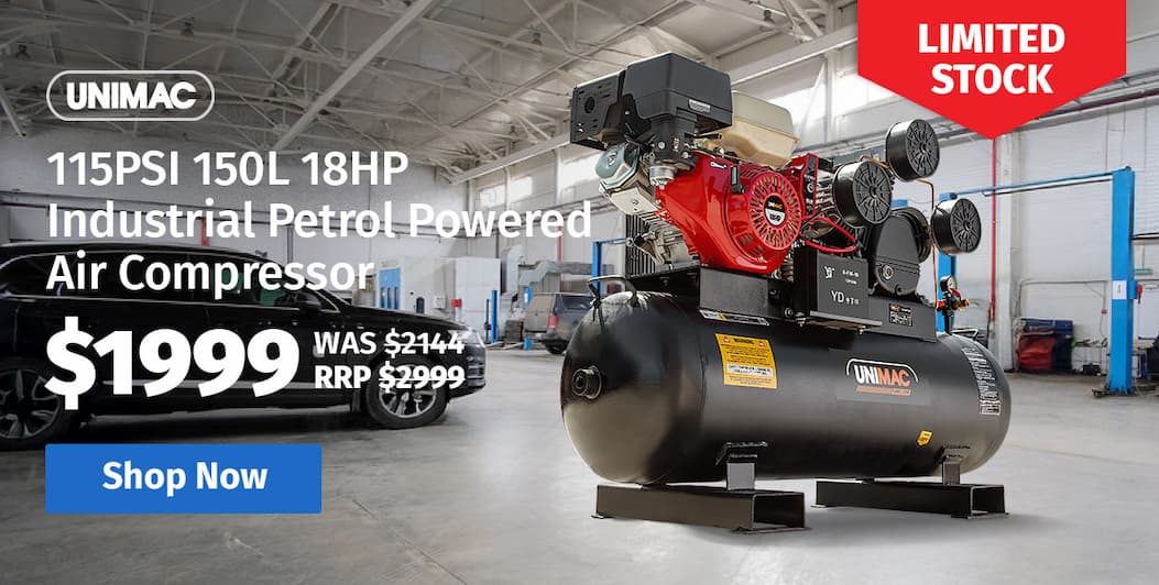 UNIMAC 115PSI 150L 18HP Industrial Petrol Powered Air Compressor with Electric Key Start