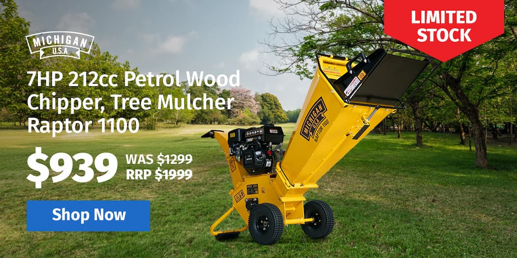 MICHIGAN 7HP 212cc Petrol Wood Chipper, Tree Mulcher - Raptor 1100