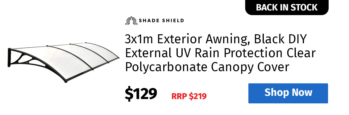 SHADE SHIELD 3x1m Exterior Awning, Black DIY External UV Rain Protection Clear Polycarbonate Canopy Cover