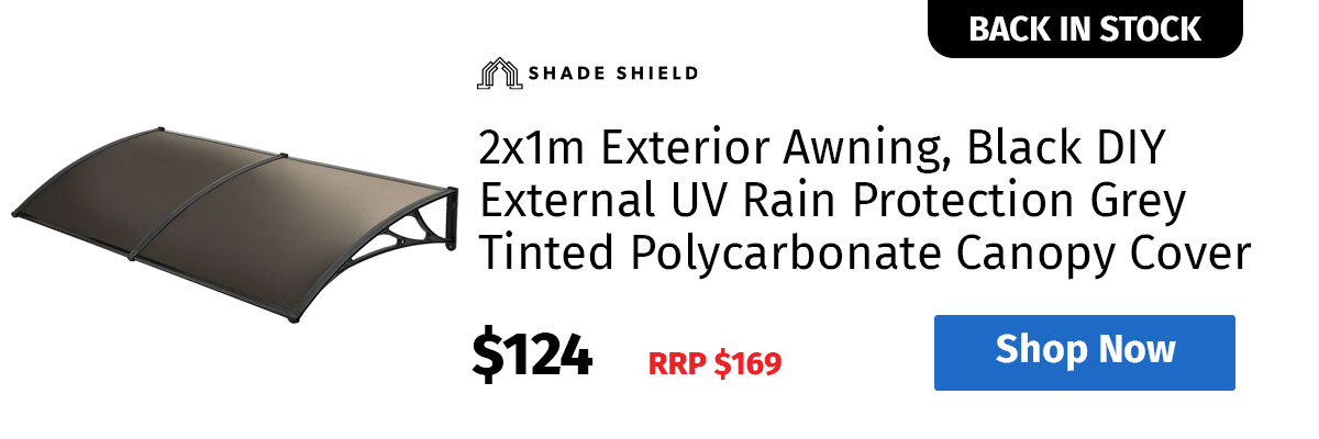 SHADE SHIELD 2x1m Exterior Awning, Black DIY External UV Rain Protection Grey Tinted Polycarbonate Canopy Cover