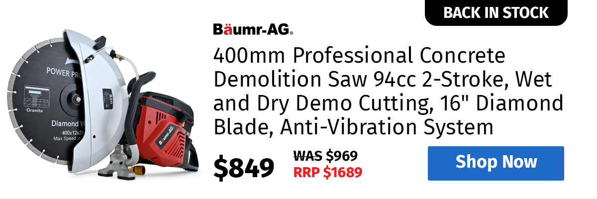 BAUMR-AG 400mm Professional Concrete Demolition Saw 94cc 2-Stroke, Wet and Dry Demo Cutting, 16" Diamond Blade, Anti-Vibration System
