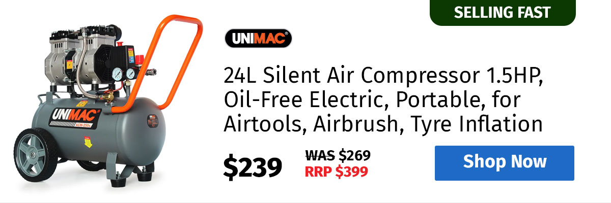 UNIMAC 24L Silent Air Compressor 1.5HP, Oil-Free Electric, Portable, for Airtools, Airbrush, Tyre Inflation
