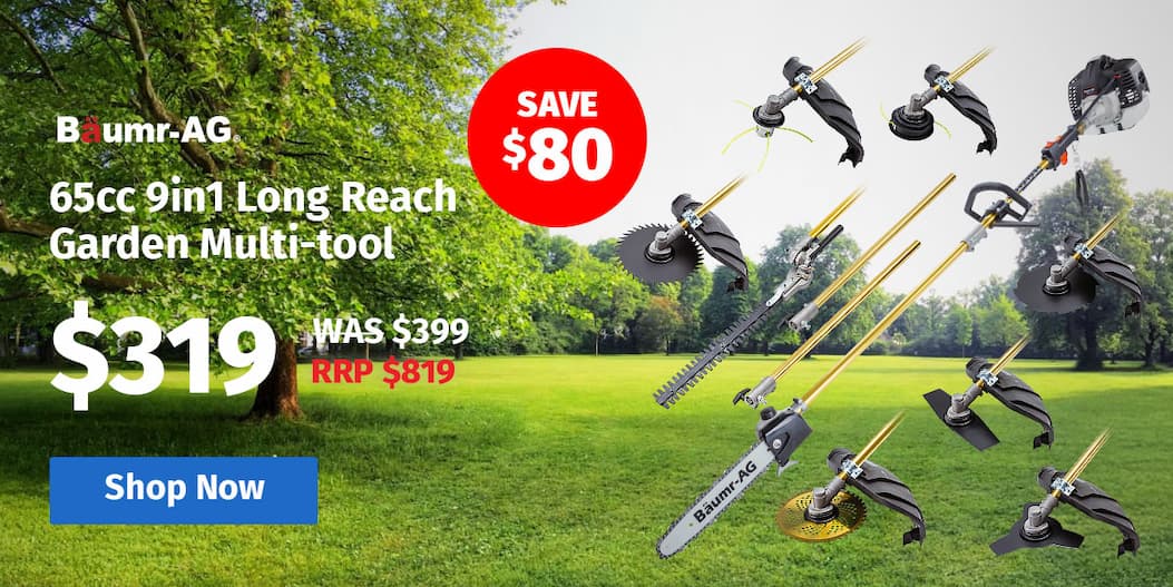 BAUMR-AG 65cc 9in1 Long Reach Garden Multi-tool, Pole Saw, Hedge & Line Trimmer, Brush Cutter, 12" Tree Trimming Pruning Chainsaw Bar, 2 Extension Shafts