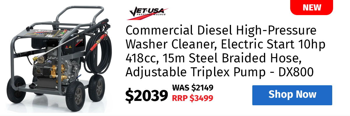 JET-USA Commercial Diesel High-Pressure Washer Cleaner, Electric Start 10hp 418cc, 15m Steel Braided Hose, Adjustable Triplex Pump - DX800