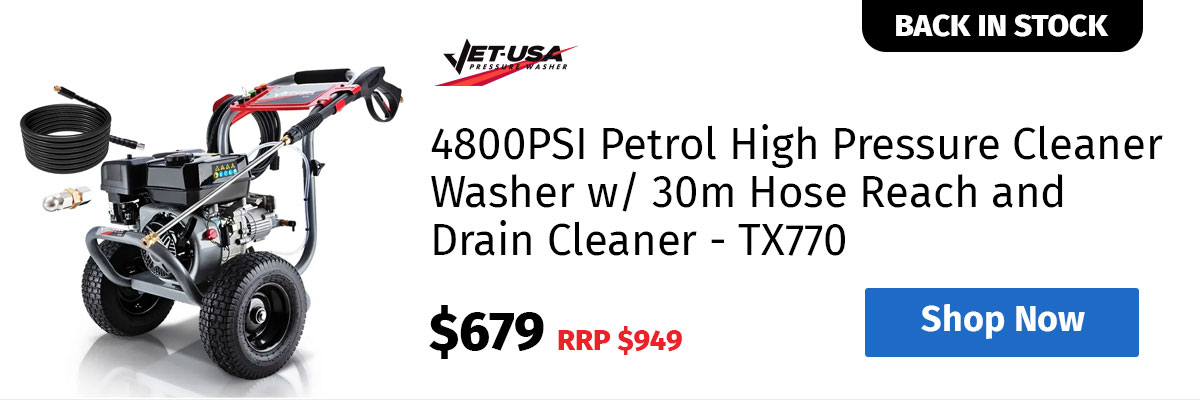 JET-USA 4800PSI Petrol High Pressure Cleaner Washer w/ 30m Hose Reach and Drain Cleaner - TX770