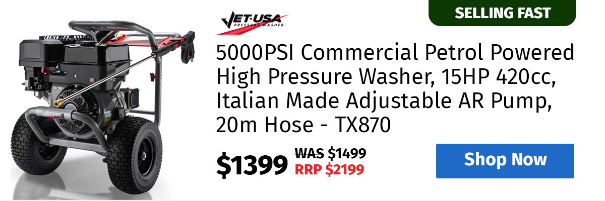 JET-USA 5000PSI Commercial Petrol Powered High Pressure Washer, 15HP 420cc, Italian Made Adjustable AR Pump, 20m Hose - TX870