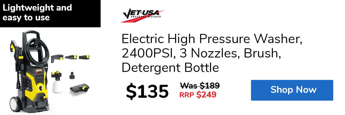 Electric High Pressure Washer, 2400PSI, 3 Nozzles, Brush, Detergent Bottle