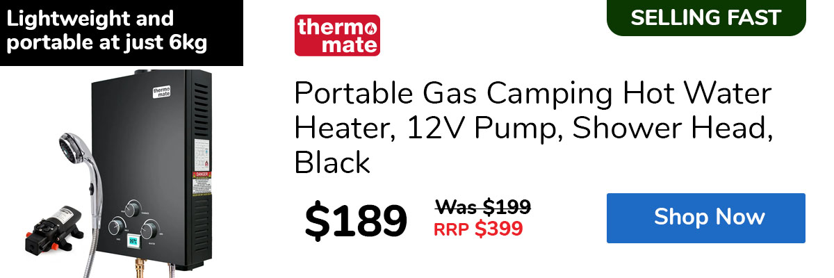 Portable Gas Camping Hot Water Heater, 12V Pump, Shower Head, Black