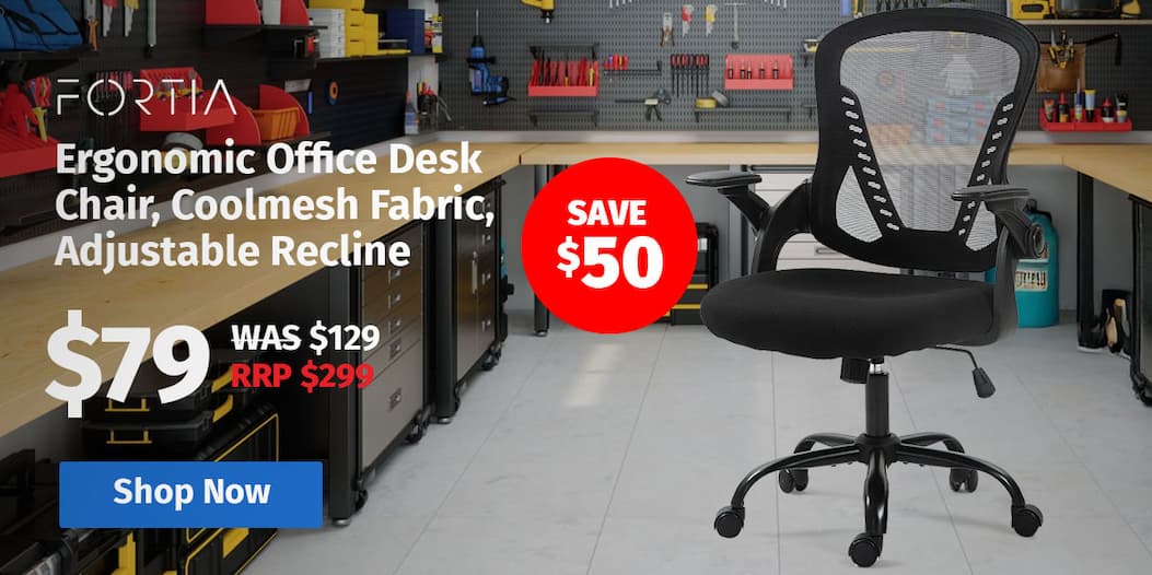 FORTIA Ergonomic Office Desk Chair, Coolmesh Fabric, Adjustable Recline, Black Mesh/Black Frame