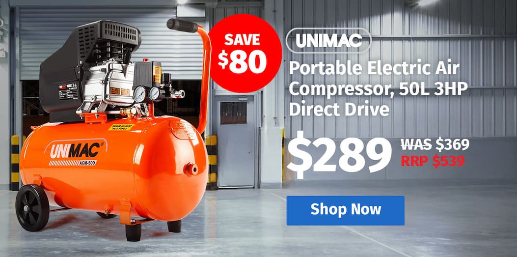 UNIMAC Portable Electric Air Compressor, 50L 3HP Direct Drive, Includes 5pc Air Tool Kit