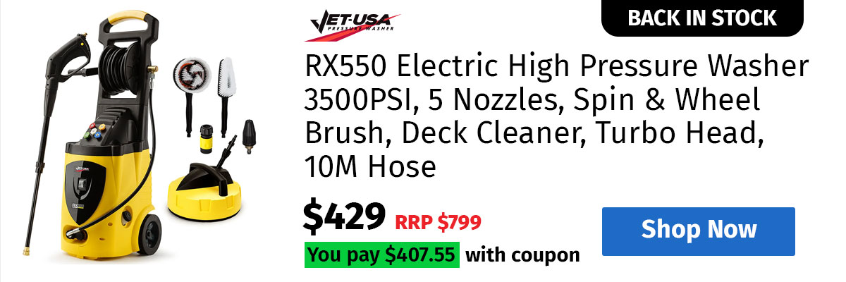 JET-USA RX550 Electric High Pressure Washer 3500PSI, 5 Nozzles, Spin & Wheel Brush, Deck Cleaner, Turbo Head, 10M Hose