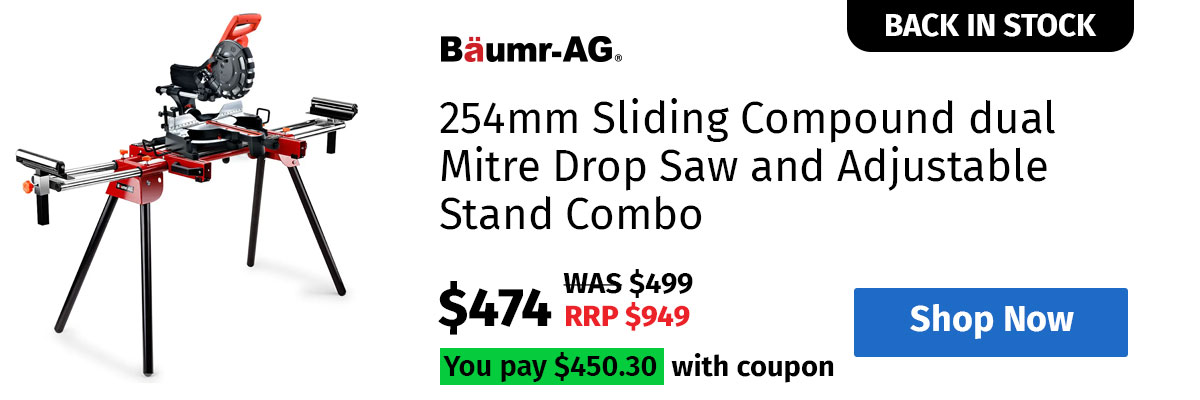 BAUMR-AG 254mm Sliding Compound dual Mitre Drop Saw and Adjustable Stand Combo