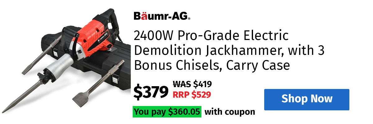 BAUMR-AG 2400W Pro-Grade Electric Demolition Jackhammer, with 3 Bonus Chisels, Carry Case