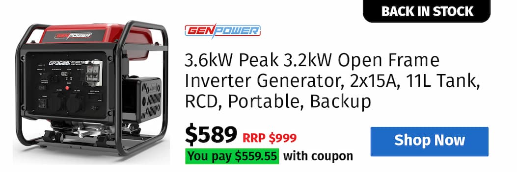 GENPOWER 3.6kW Peak 3.2kW Open Frame Inverter Generator, 2x15A, 11L Tank, RCD, Portable, Backup