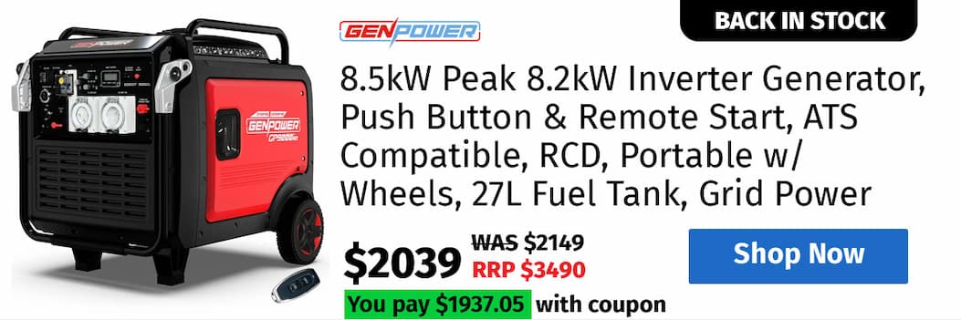 GENPOWER 8.5kW Peak 8.2kW Inverter Generator, Push Button & Remote Start, ATS Compatible, RCD, Portable w/ Wheels, 27L Fuel Tank, Grid Power Home Backup
