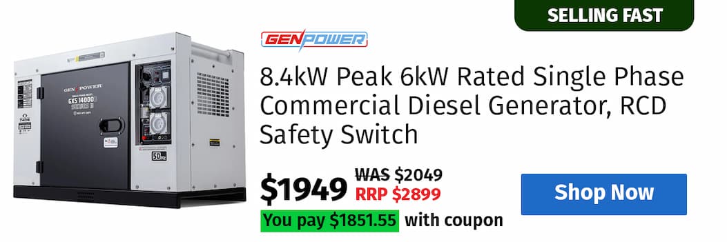 GENPOWER 8.4kW Peak 6kW Rated Single Phase Commercial Diesel Generator, RCD Safety Switch