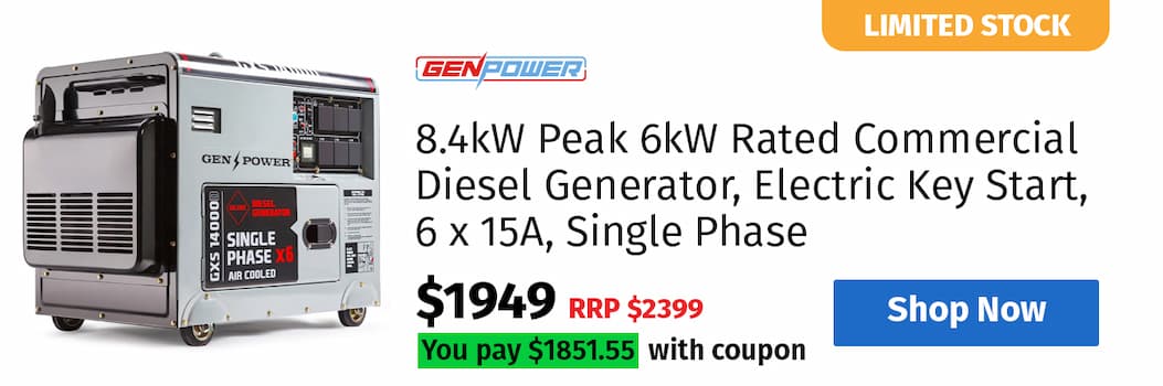 GENPOWER 8.4kW Peak 6kW Rated Commercial Diesel Generator, Electric Key Start, 6 x 15A, Single Phase