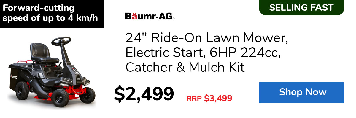 24″ Ride-On Lawn Mower, Electric Start, 6HP 224cc, Catcher & Mulch Kit