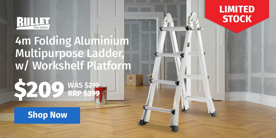 BULLET 4m Folding Aluminium Multipurpose Ladder, w/ Workshelf Platform, Spring Assisted Rapid Safety Lock Adjusters
